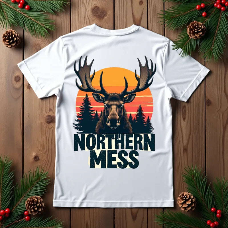 Northern Mess Moose Sunset T-Shirt, Forest Retro Graphic Tee, Cabin Campfire Humor Shirt, Comfort Colors