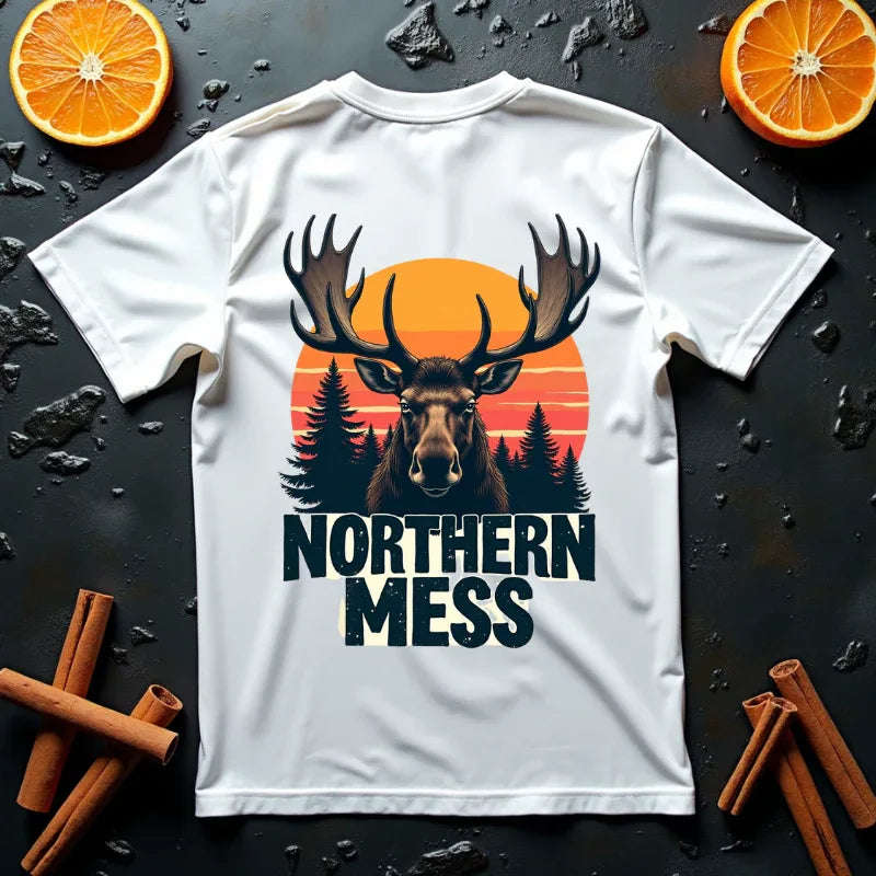 Northern Mess Moose Sunset T-Shirt, Forest Retro Graphic Tee, Cabin Campfire Humor Shirt, Comfort Colors White