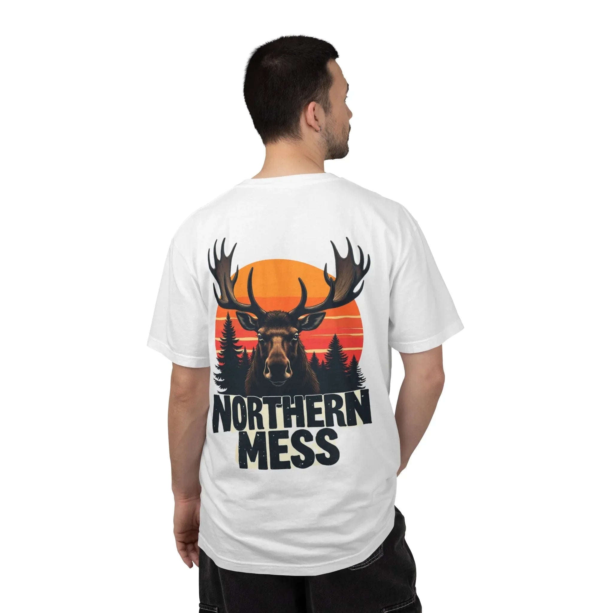 Northern Mess Moose Sunset T-Shirt, Forest Retro Graphic Tee, Cabin Campfire Humor Shirt, Comfort Colors