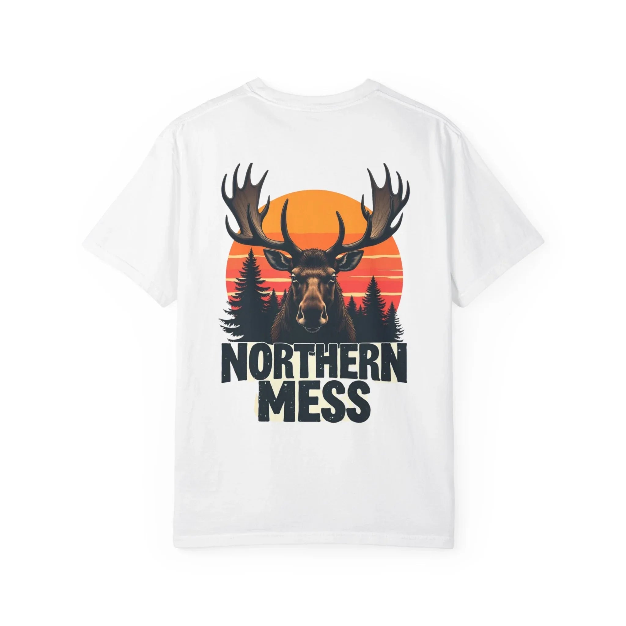 Northern Mess Moose Sunset T-Shirt, Forest Retro Graphic Tee, Cabin Campfire Humor Shirt, Comfort Colors