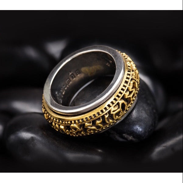 Gold and silver detailed Thai Buddhist amulet jewelry ring with intricate carvings