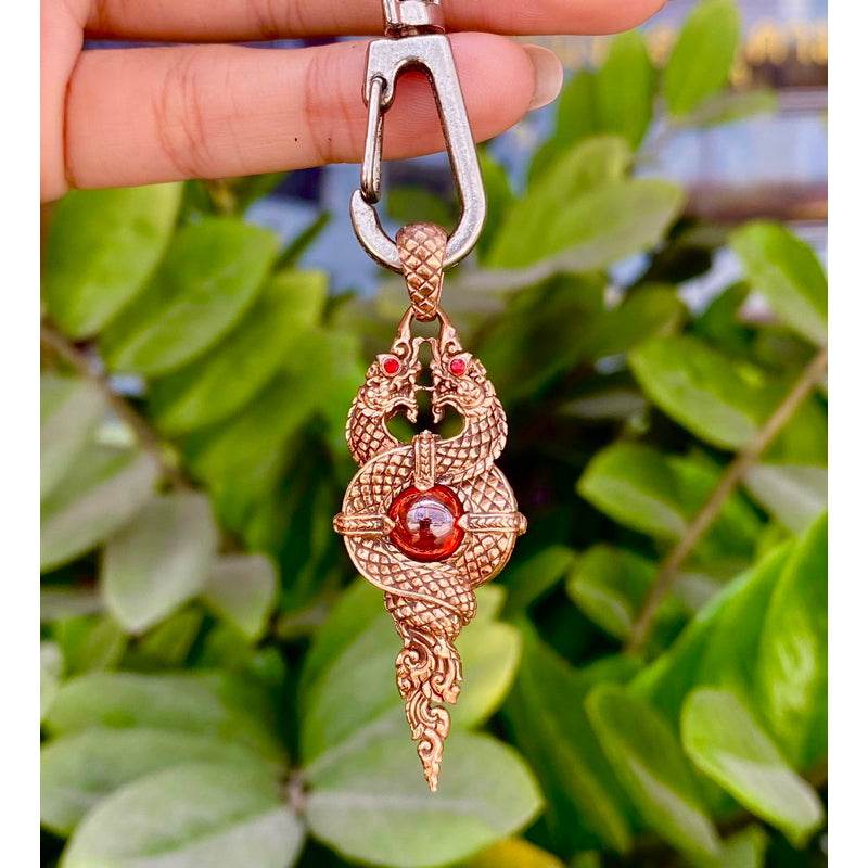 Thai Blessing Co Naga wealth elevation amulet bronze twin naga pendant with red gem and scales