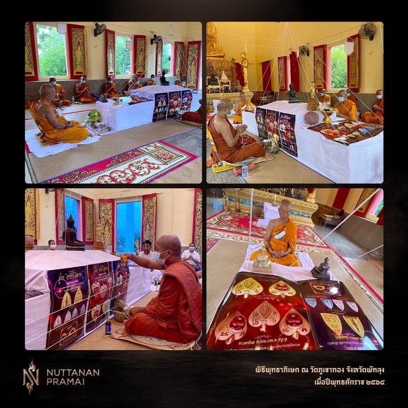 Thai Buddhist monks performing blessing ceremony in temple with Phaan Thai luck amulet set displayed