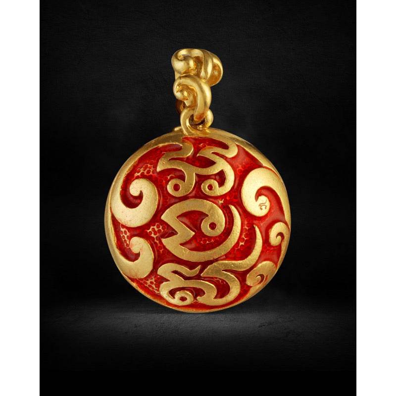 Naga treasure amulet Thailand gold and red enamel round pendant with intricate Naga wave motifs for protection