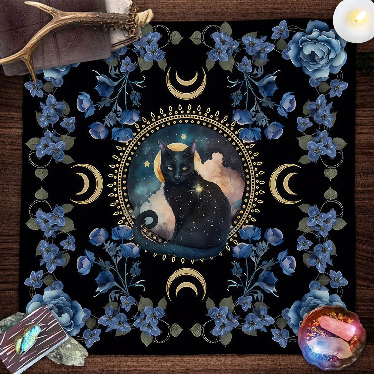 Moon Pentagram Tarot Tablecloth - Cat Moon Design for Mystical Readings TLB (295)