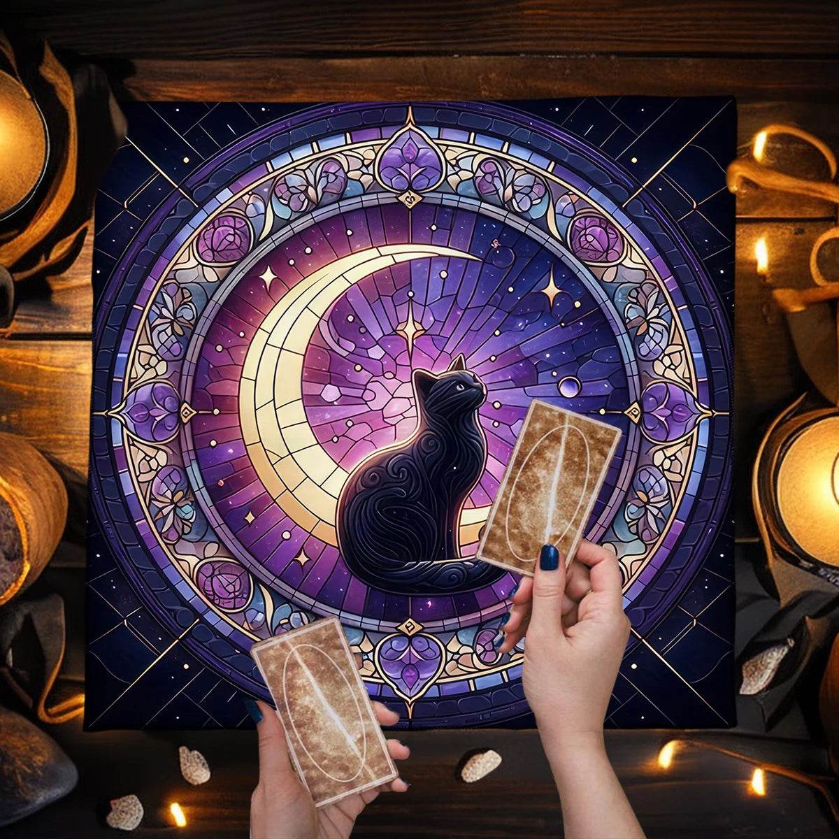 Moon Pentagram Tarot Tablecloth - Cat Moon Design for Mystical Readings