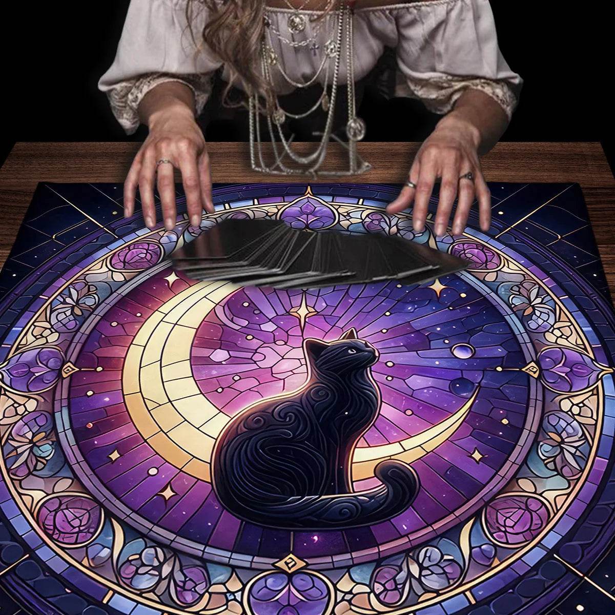 Moon Pentagram Tarot Tablecloth - Cat Moon Design for Mystical Readings