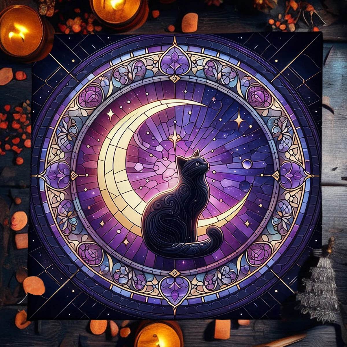 Moon Pentagram Tarot Tablecloth - Cat Moon Design for Mystical Readings