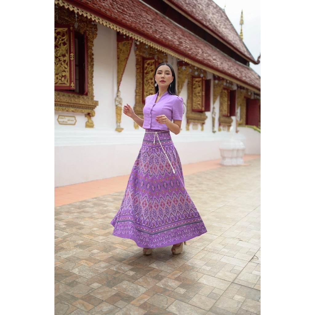 One-Sake.com Thai Traditional Blouse and Skirt Set for Elegant Cultural Fashion ม่วง