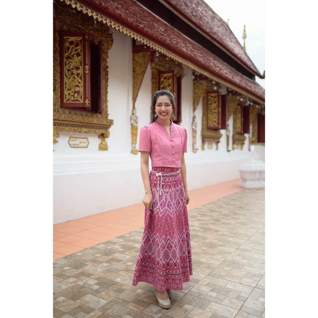 One-Sake.com Thai Traditional Blouse and Skirt Set for Elegant Cultural Fashion ชมพู