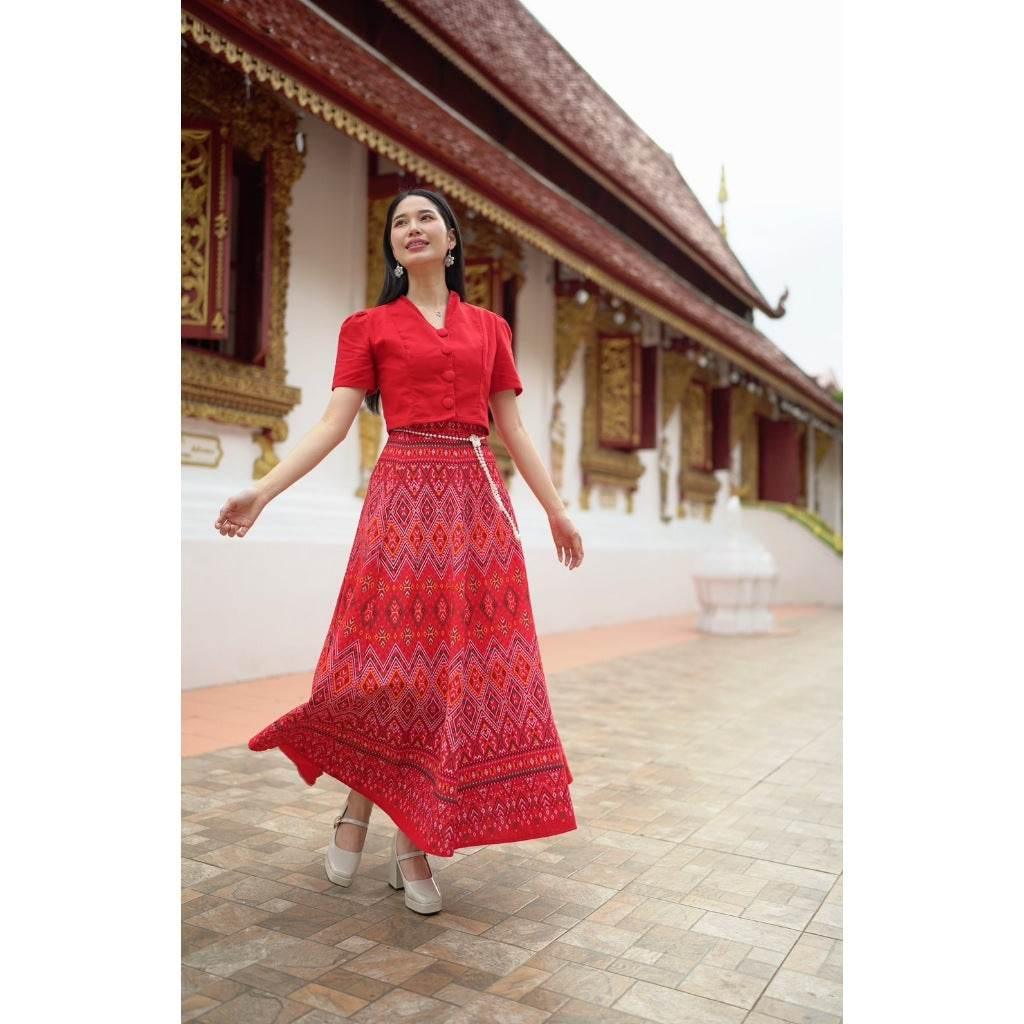 One-Sake.com Thai Traditional Blouse and Skirt Set for Elegant Cultural Fashion แดง