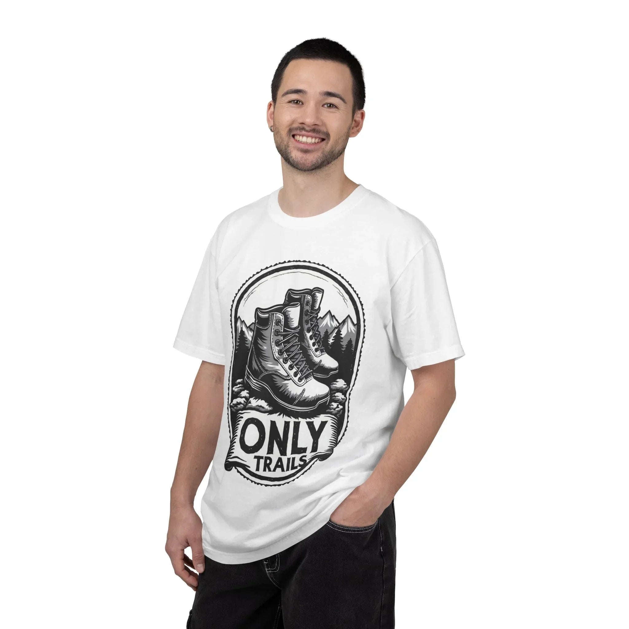 Only Trails Hiking Boots T-Shirt, Outdoor Trail Graphic Tee, Monochrome Boots Pines Peaks Design, Comfort Colors
