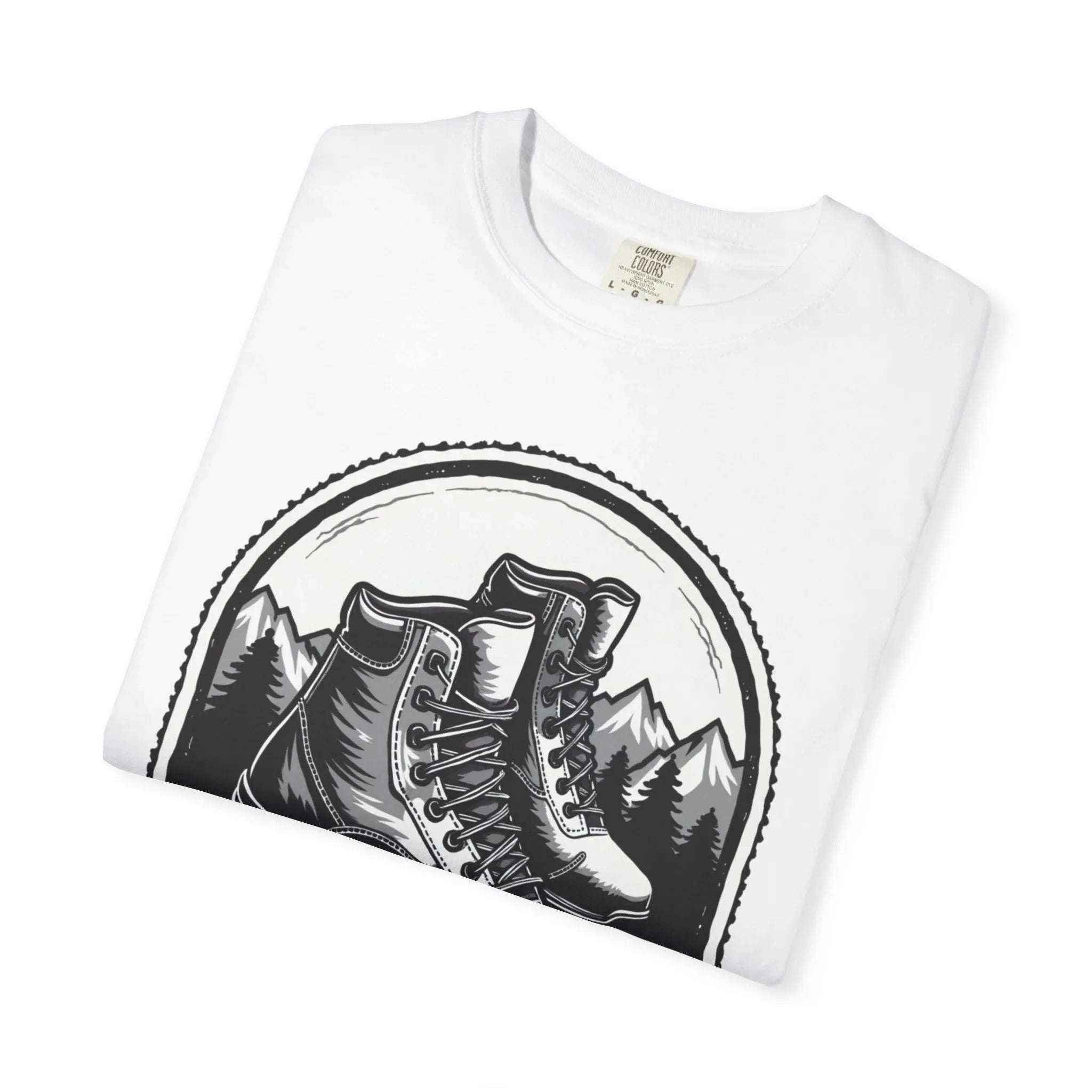 Only Trails Hiking Boots T-Shirt, Outdoor Trail Graphic Tee, Monochrome Boots Pines Peaks Design, Comfort Colors
