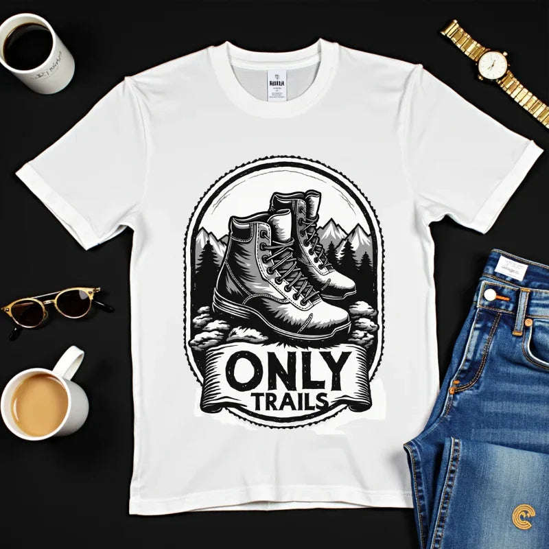 Only Trails Hiking Boots T-Shirt, Outdoor Trail Graphic Tee, Monochrome Boots Pines Peaks Design, Comfort Colors White