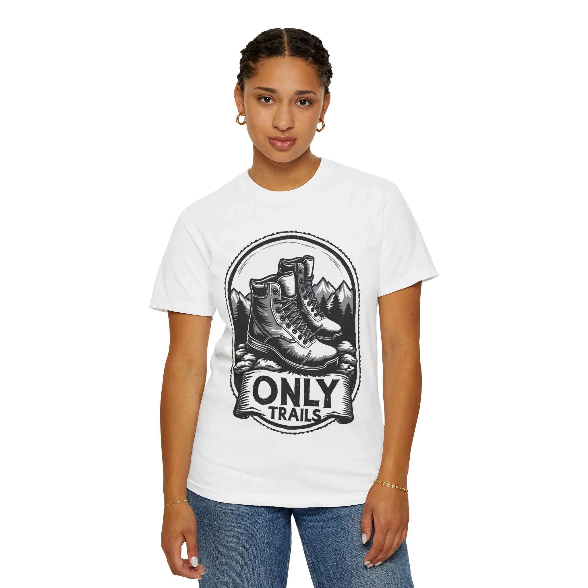 Only Trails Hiking Boots T-Shirt, Outdoor Trail Graphic Tee, Monochrome Boots Pines Peaks Design, Comfort Colors