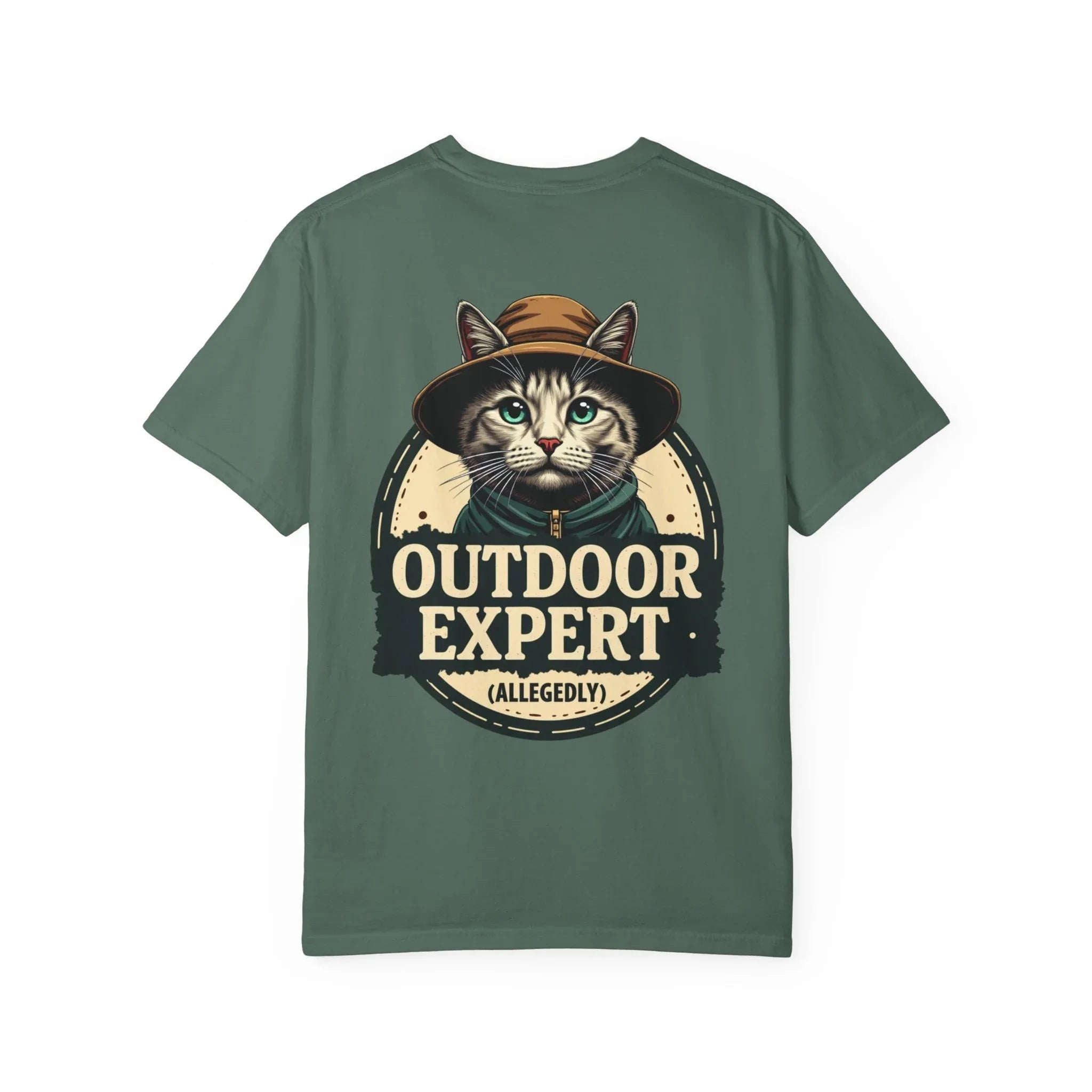 Outdoor Expert Cat Allegedly Shirt, Funny Camping Cat Tee, Vintage Badge Camper Graphic T-Shirt, Hiker Gift, RV Van Life Blue Spruce
