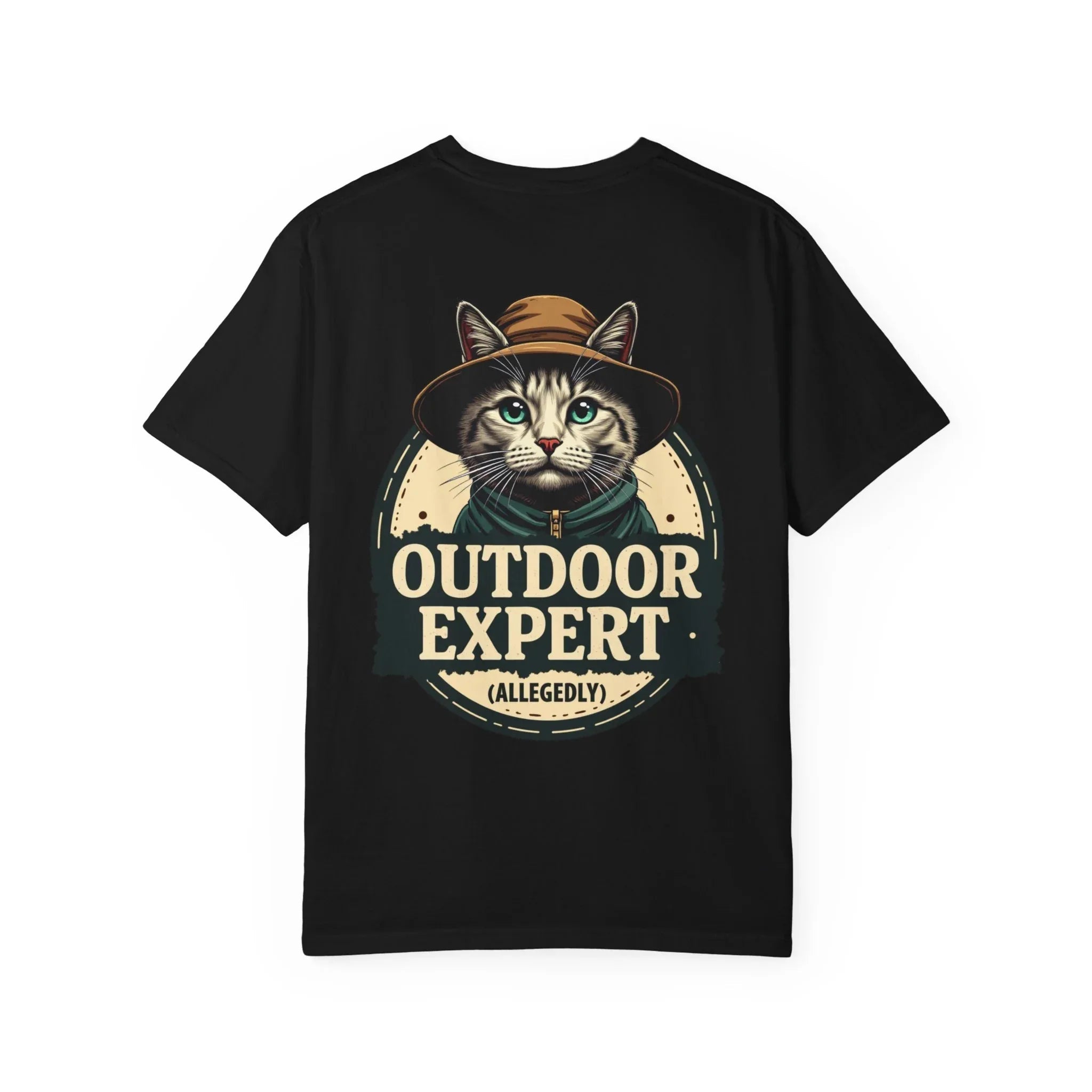 Outdoor Expert Cat Allegedly Shirt, Funny Camping Cat Tee, Vintage Badge Camper Graphic T-Shirt, Hiker Gift, RV Van Life Black