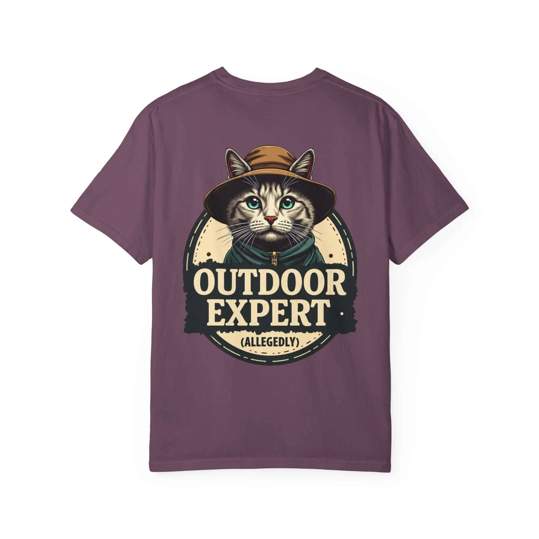 Outdoor Expert Cat Allegedly Shirt, Funny Camping Cat Tee, Vintage Badge Camper Graphic T-Shirt, Hiker Gift, RV Van Life Berry M