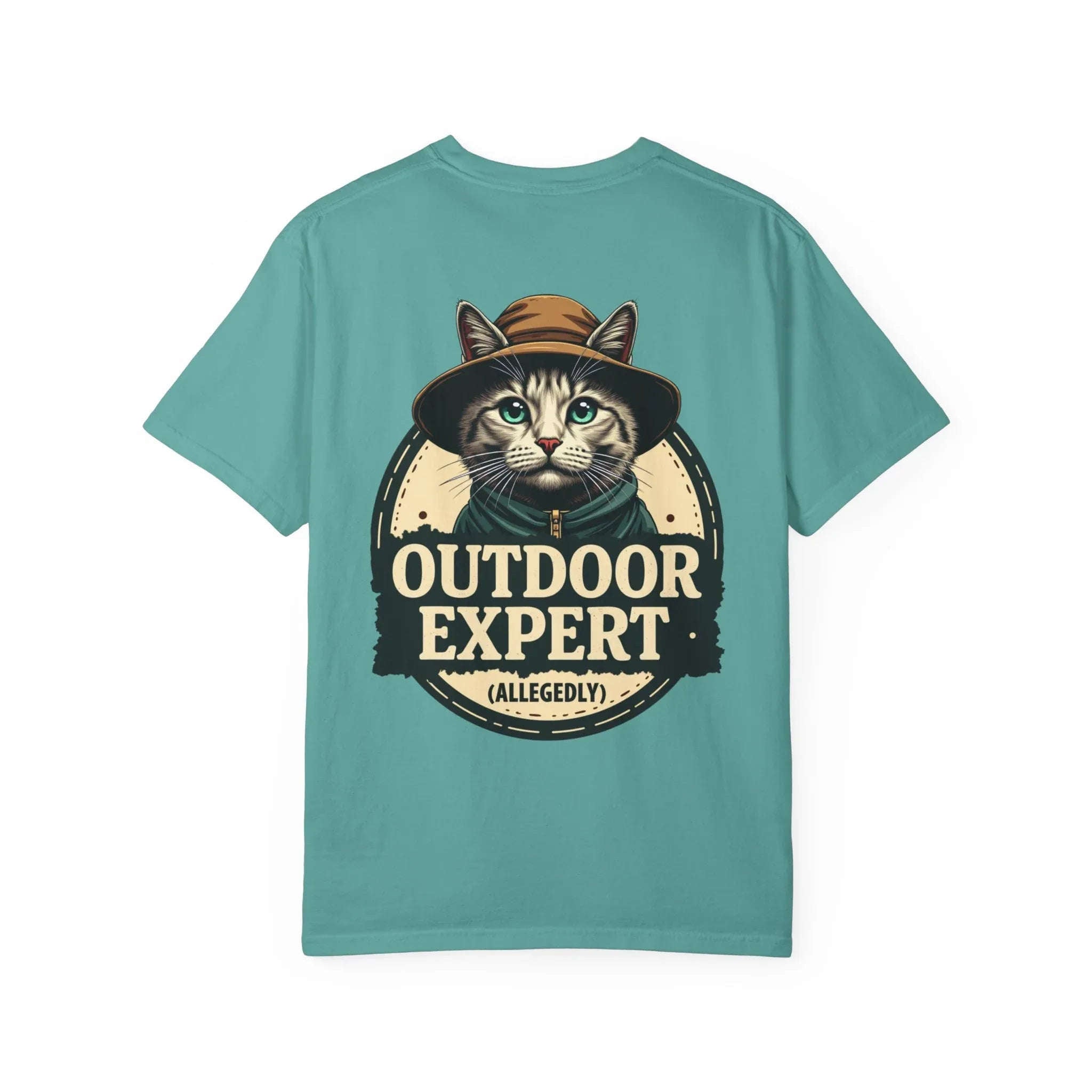 Outdoor Expert Cat Allegedly Shirt, Funny Camping Cat Tee, Vintage Badge Camper Graphic T-Shirt, Hiker Gift, RV Van Life Seafoam