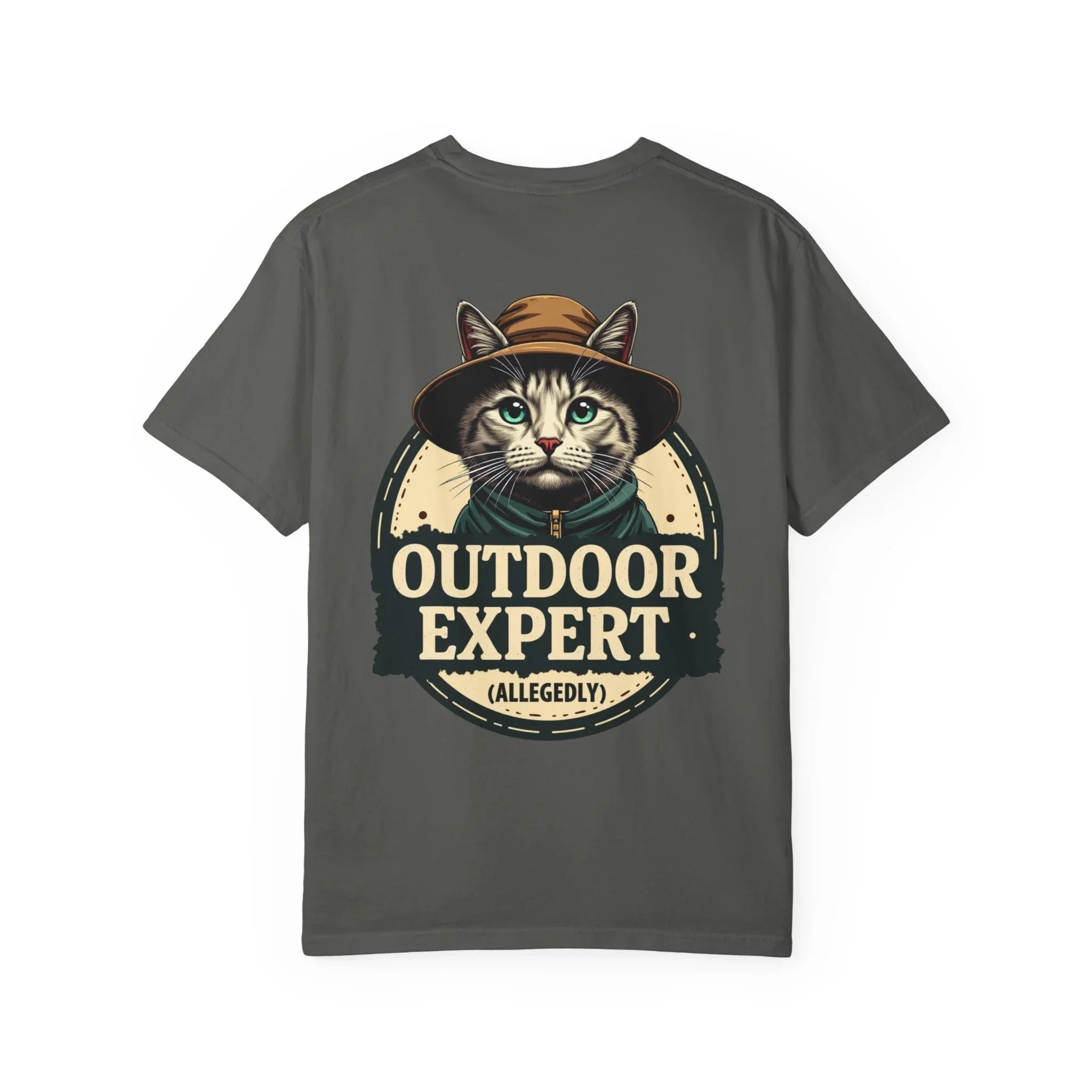 Outdoor Expert Cat Allegedly Shirt, Funny Camping Cat Tee, Vintage Badge Camper Graphic T-Shirt, Hiker Gift, RV Van Life Pepper