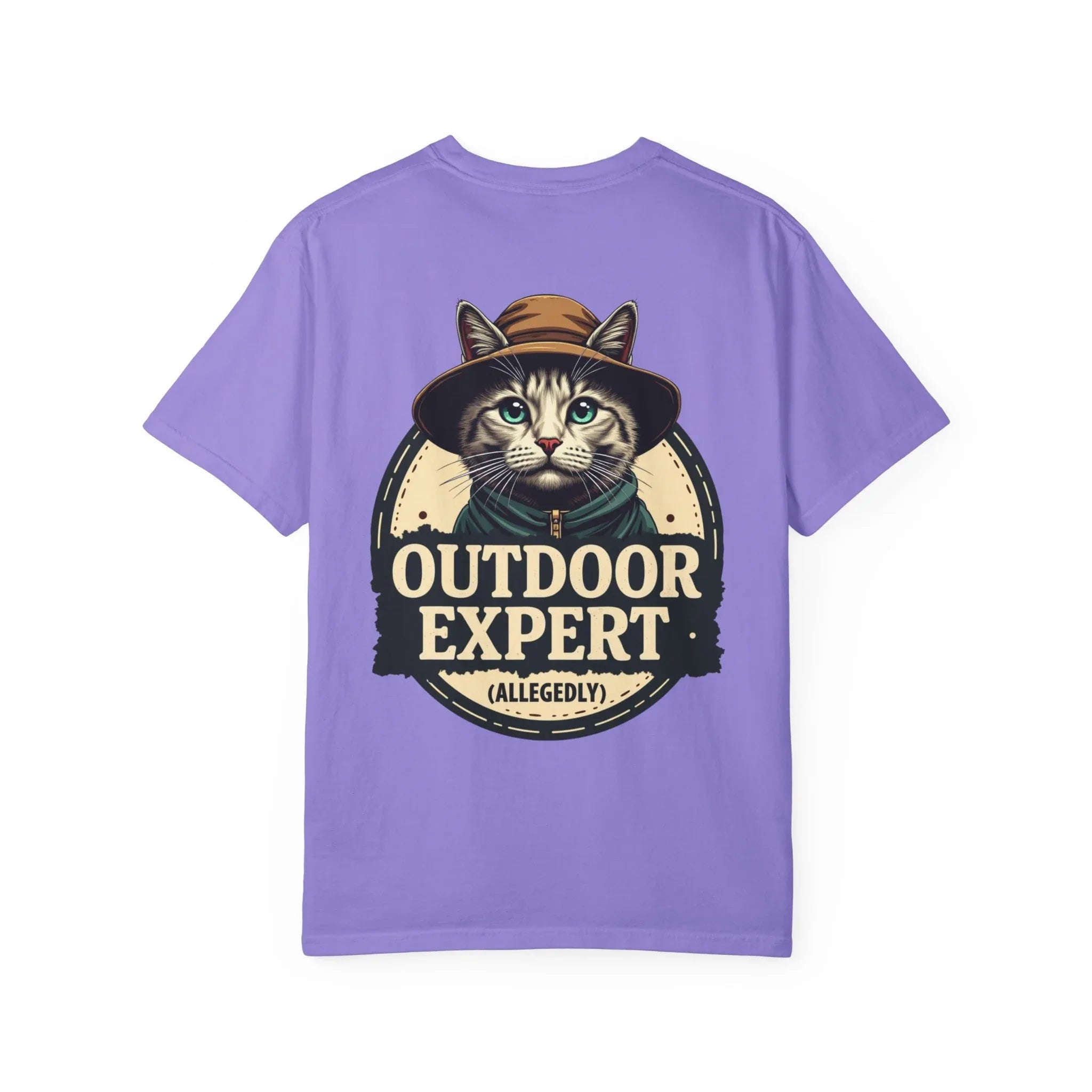 Outdoor Expert Cat Allegedly Shirt, Funny Camping Cat Tee, Vintage Badge Camper Graphic T-Shirt, Hiker Gift, RV Van Life Violet
