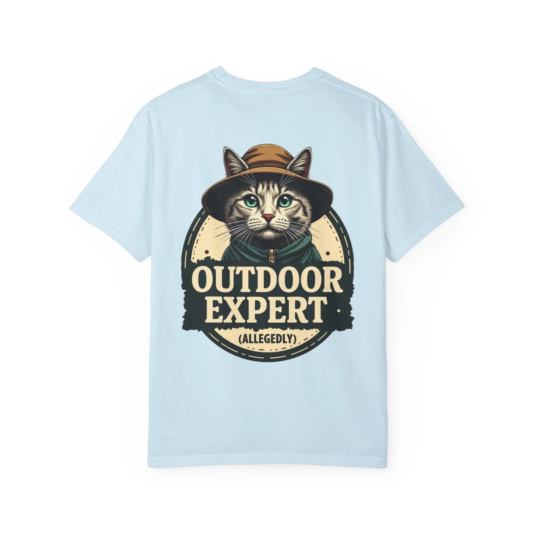 Outdoor Expert Cat Allegedly Shirt, Funny Camping Cat Tee, Vintage Badge Camper Graphic T-Shirt, Hiker Gift, RV Van Life Chambray