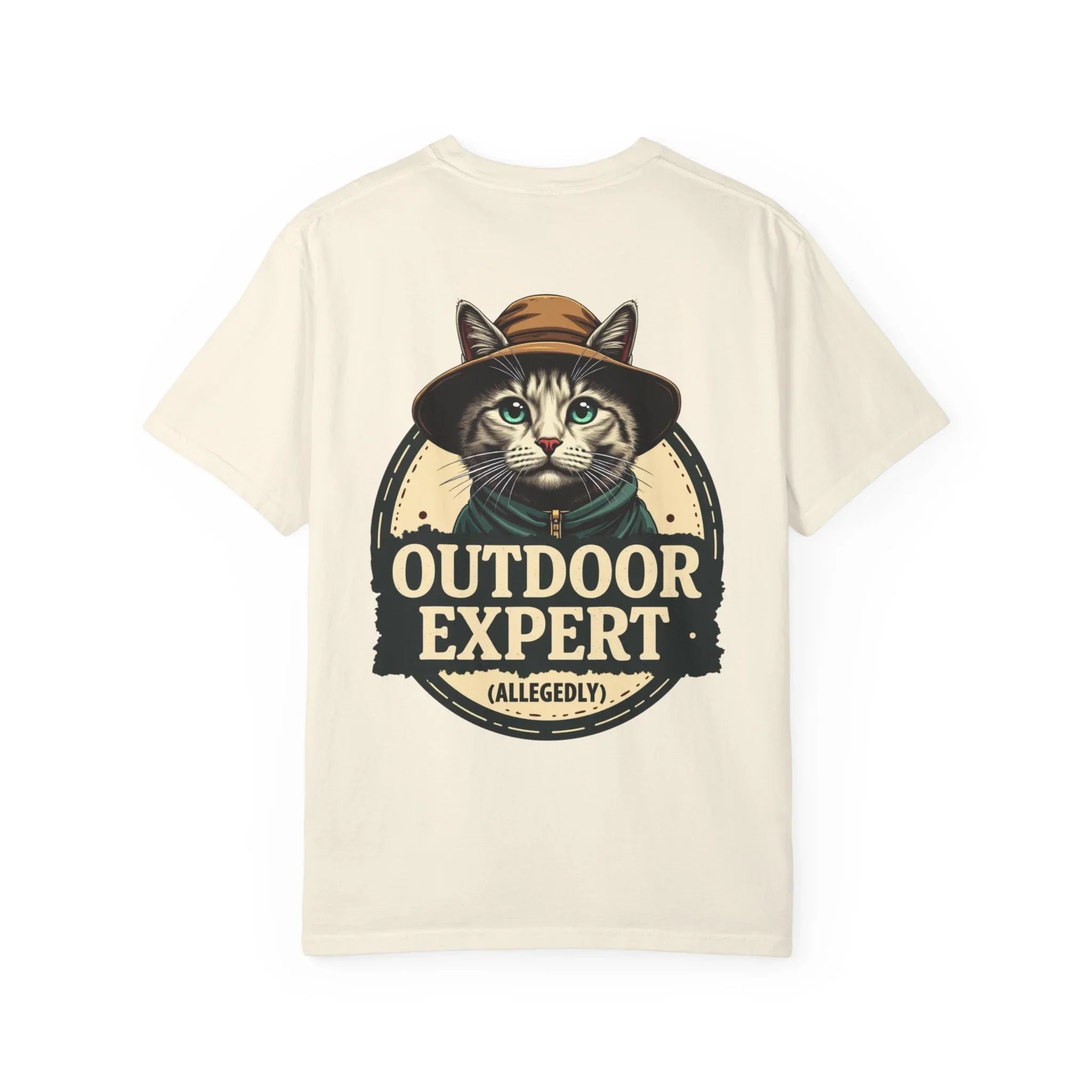 Outdoor Expert Cat Allegedly Shirt, Funny Camping Cat Tee, Vintage Badge Camper Graphic T-Shirt, Hiker Gift, RV Van Life Ivory