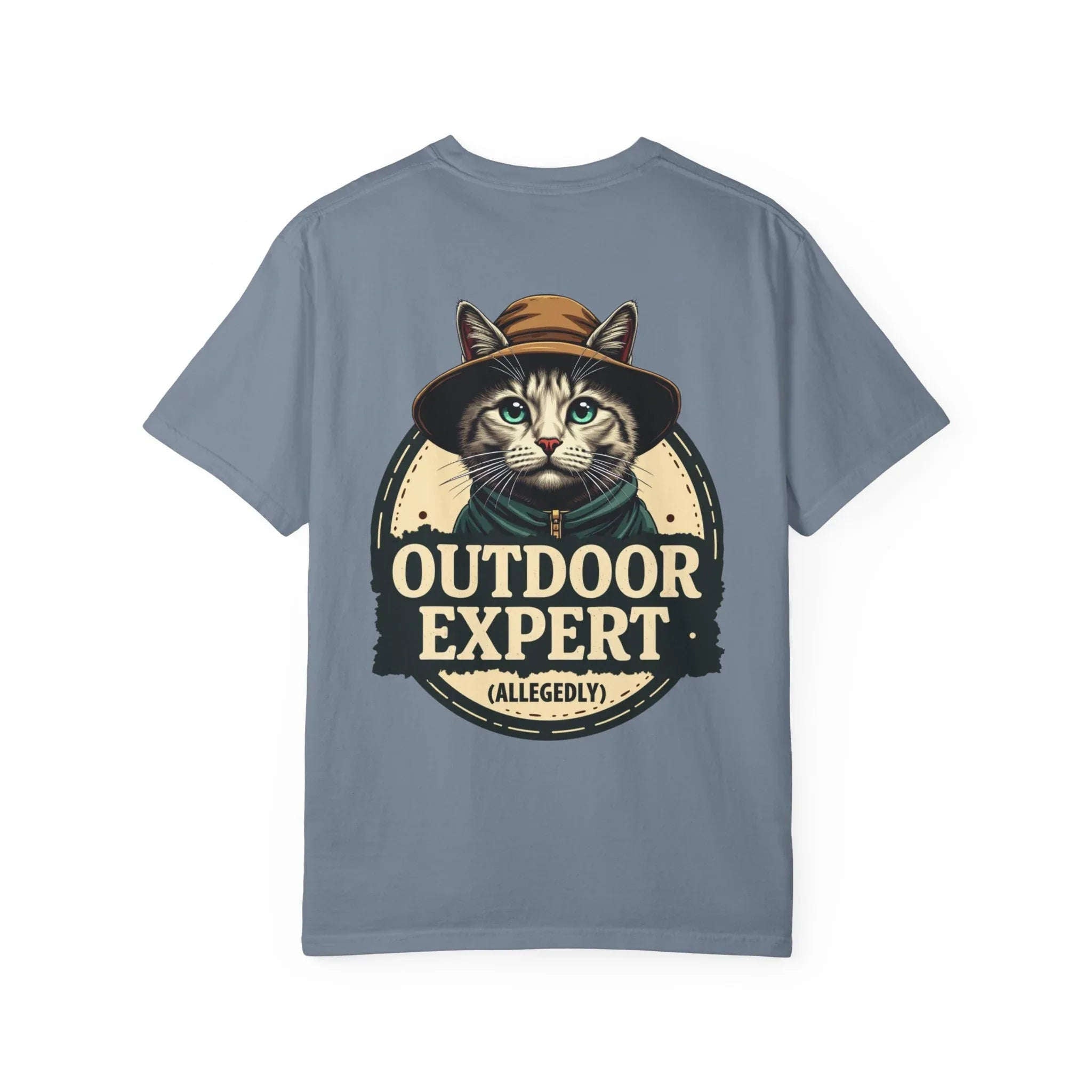 Outdoor Expert Cat Allegedly Shirt, Funny Camping Cat Tee, Vintage Badge Camper Graphic T-Shirt, Hiker Gift, RV Van Life Blue Jean