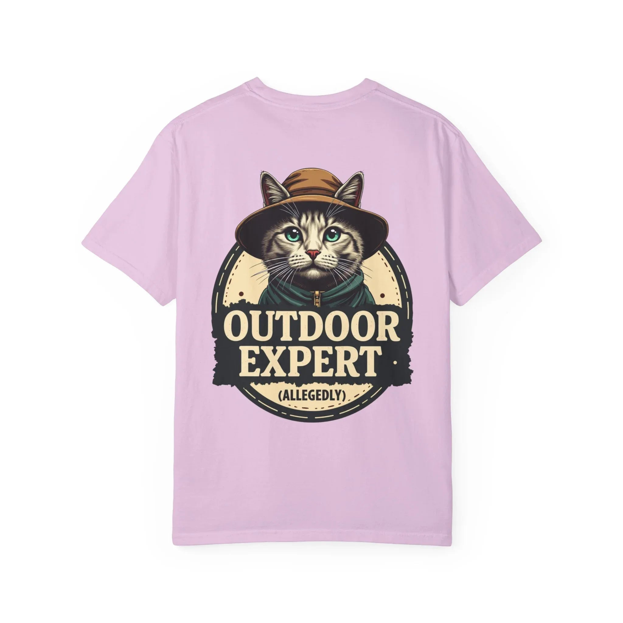 Outdoor Expert Cat Allegedly Shirt, Funny Camping Cat Tee, Vintage Badge Camper Graphic T-Shirt, Hiker Gift, RV Van Life Orchid
