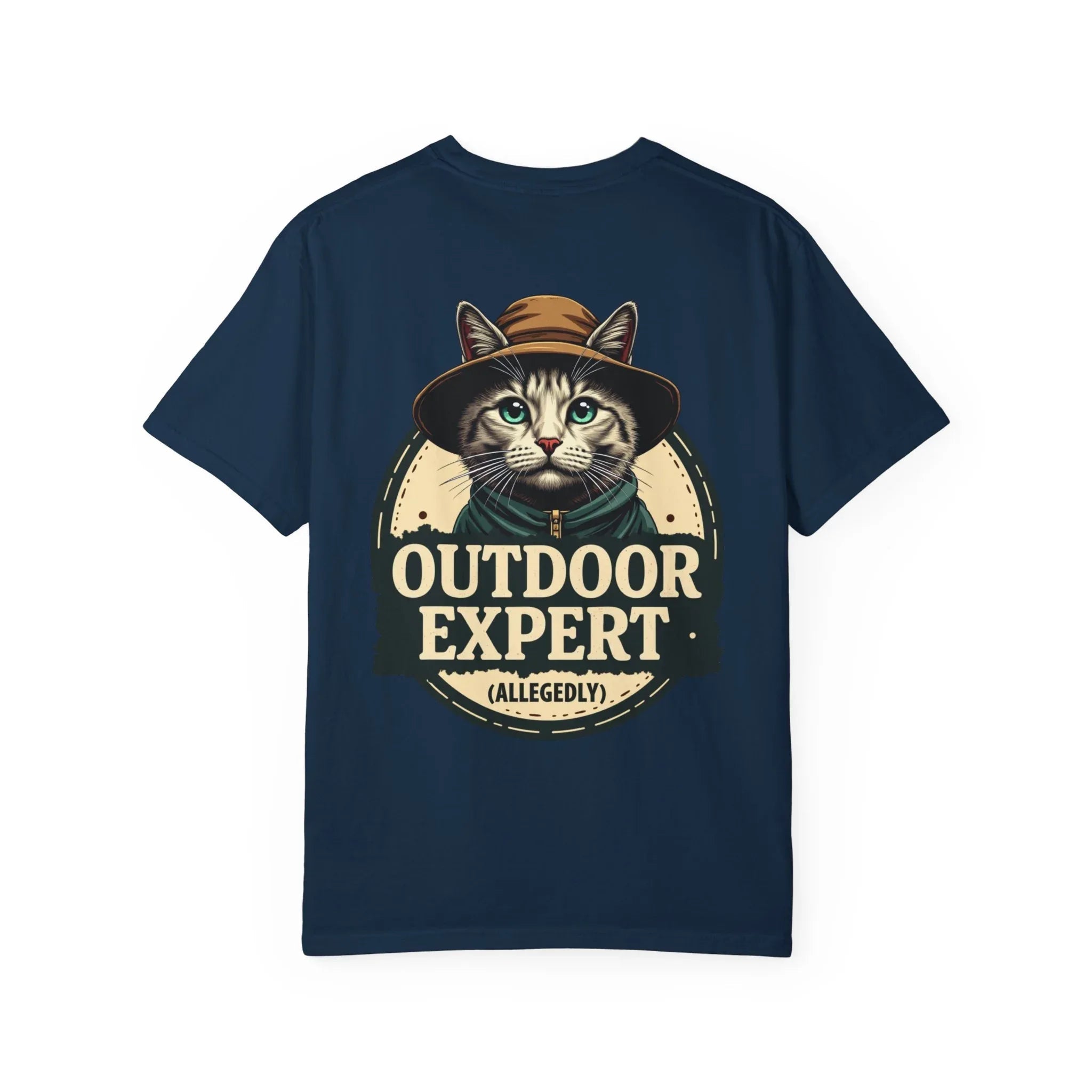 Outdoor Expert Cat Allegedly Shirt, Funny Camping Cat Tee, Vintage Badge Camper Graphic T-Shirt, Hiker Gift, RV Van Life True Navy