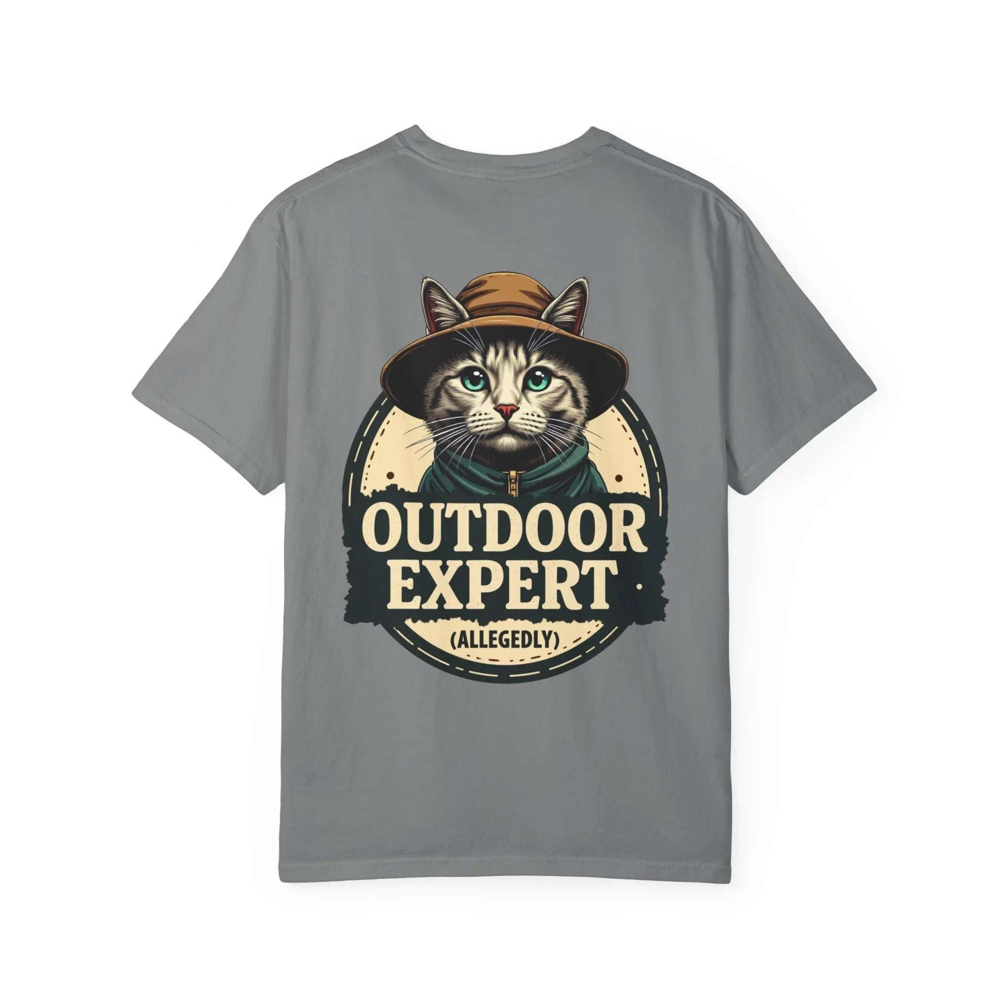 Outdoor Expert Cat Allegedly Shirt, Funny Camping Cat Tee, Vintage Badge Camper Graphic T-Shirt, Hiker Gift, RV Van Life Grey