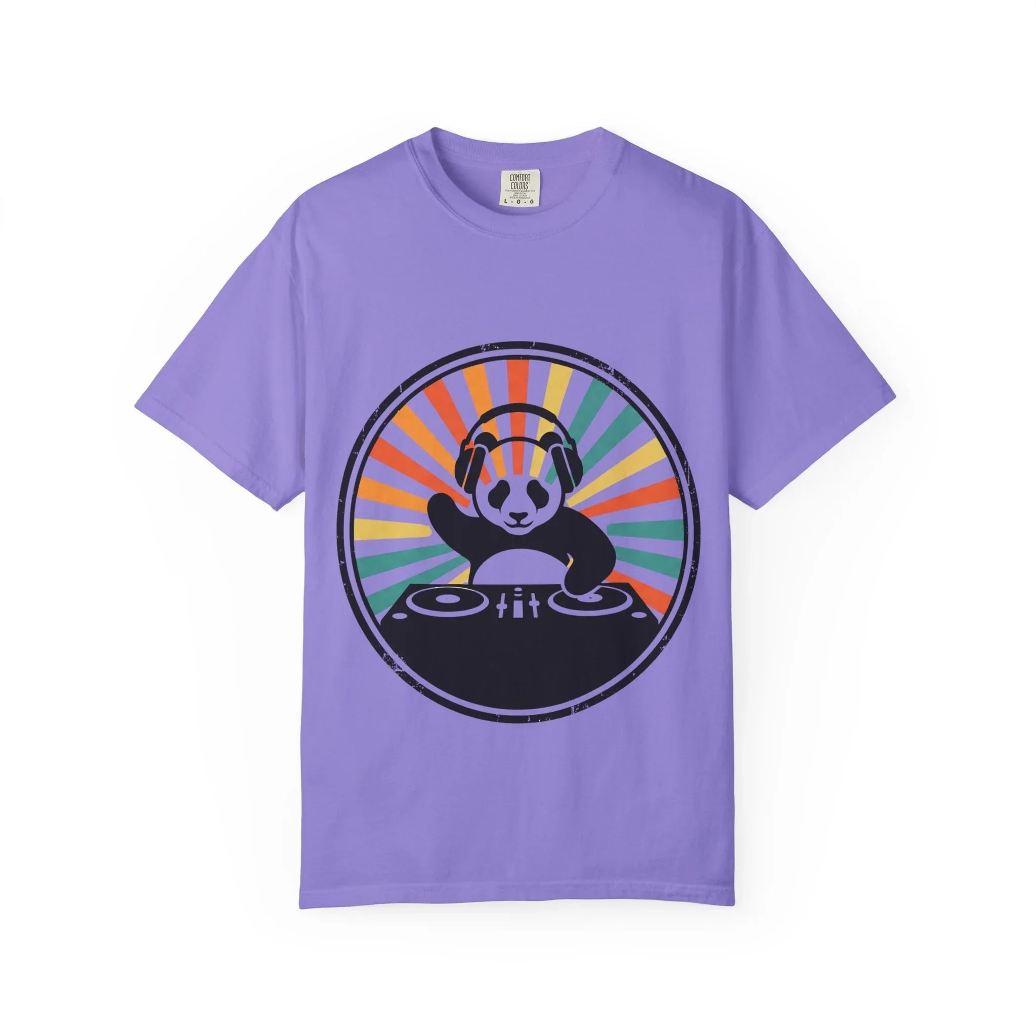 Panda DJ Shirt, Retro Sunburst Turntable Tee, Funny Vinyl Music T-Shirt, EDM Rave Festival Outfit, DJ Gift Violet