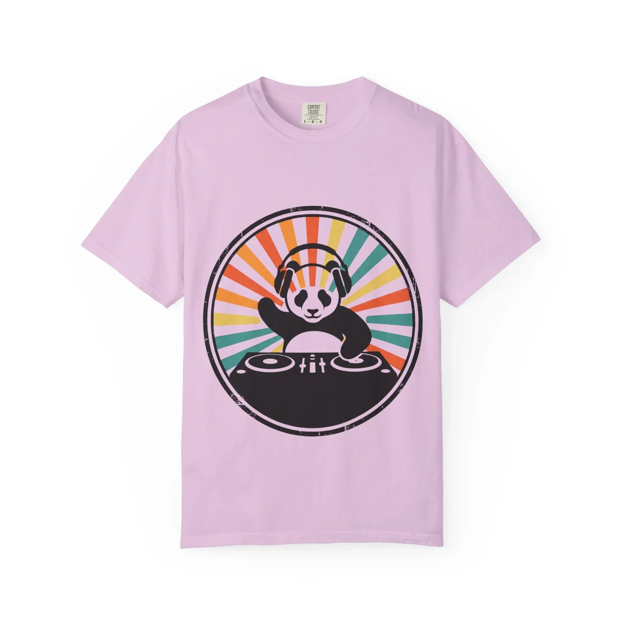 Panda DJ Shirt, Retro Sunburst Turntable Tee, Funny Vinyl Music T-Shirt, EDM Rave Festival Outfit, DJ Gift Orchid