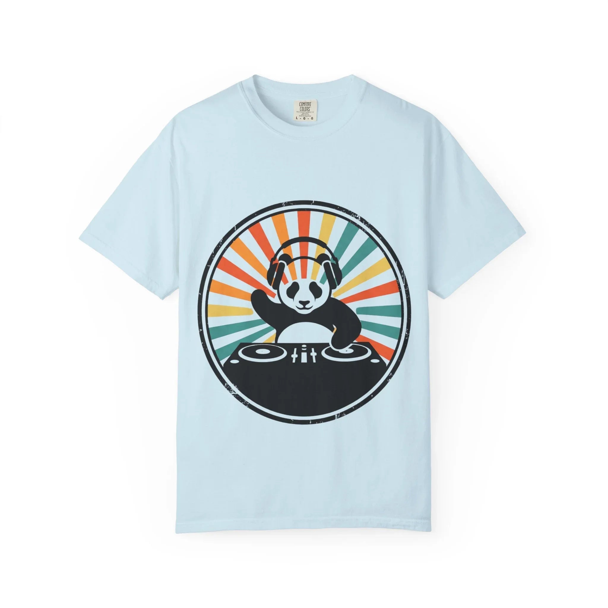 Panda DJ Shirt, Retro Sunburst Turntable Tee, Funny Vinyl Music T-Shirt, EDM Rave Festival Outfit, DJ Gift Chambray