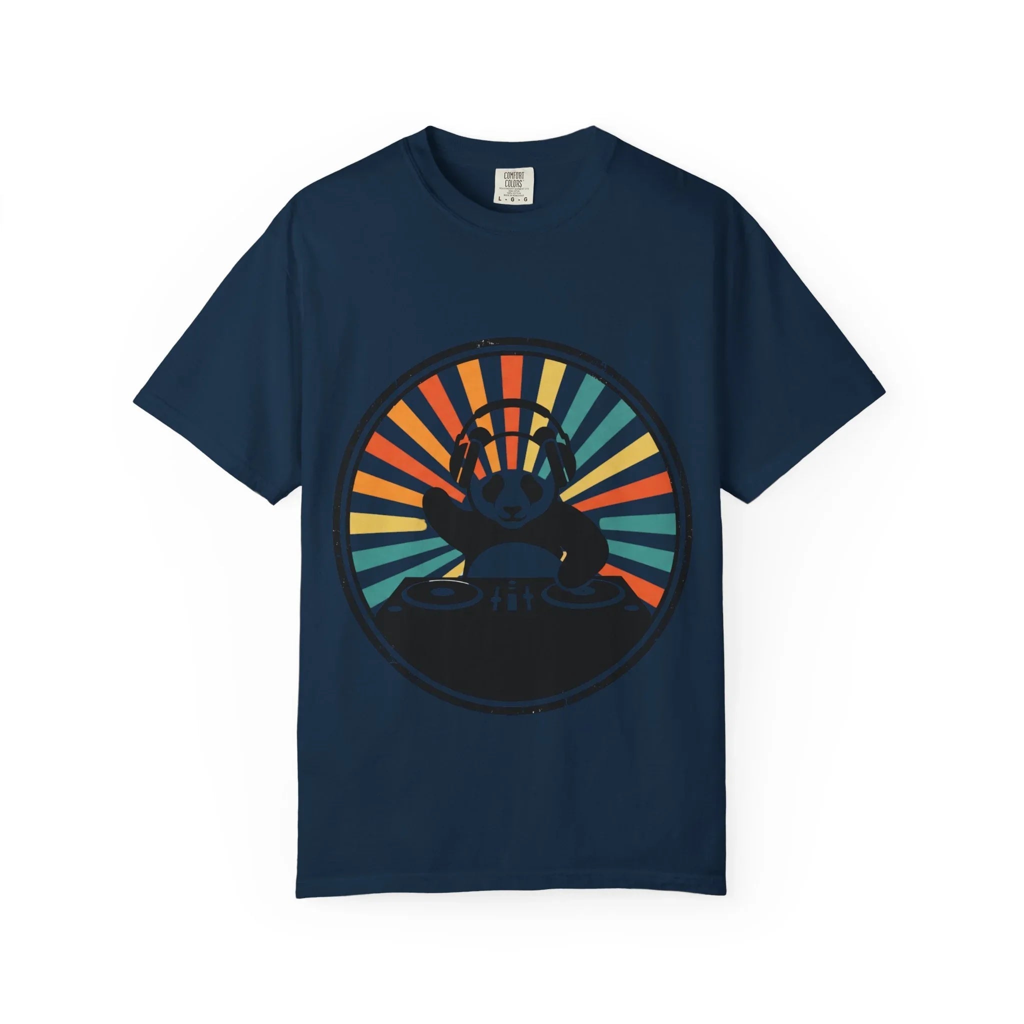 Panda DJ Shirt, Retro Sunburst Turntable Tee, Funny Vinyl Music T-Shirt, EDM Rave Festival Outfit, DJ Gift True Navy