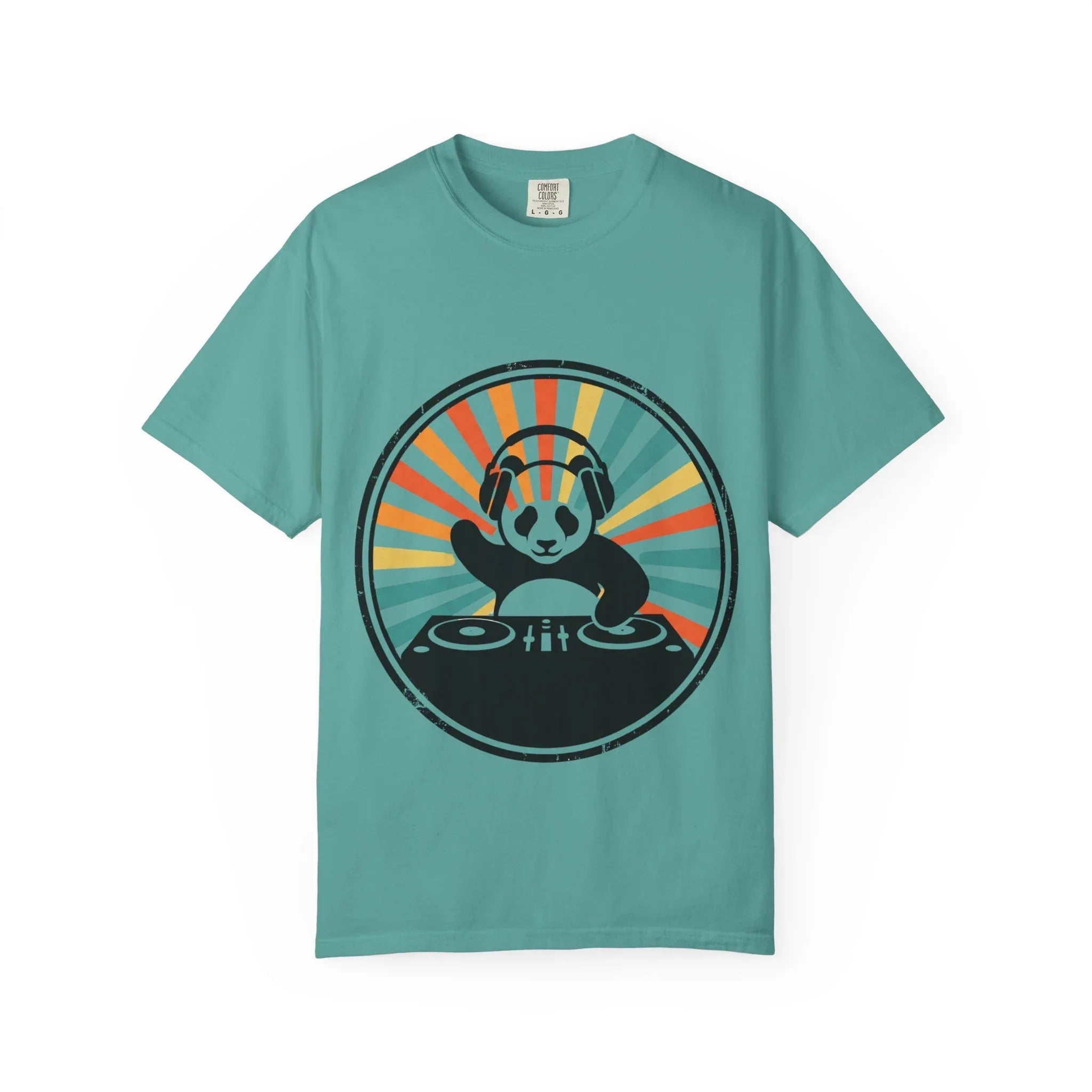 Panda DJ Shirt, Retro Sunburst Turntable Tee, Funny Vinyl Music T-Shirt, EDM Rave Festival Outfit, DJ Gift Seafoam