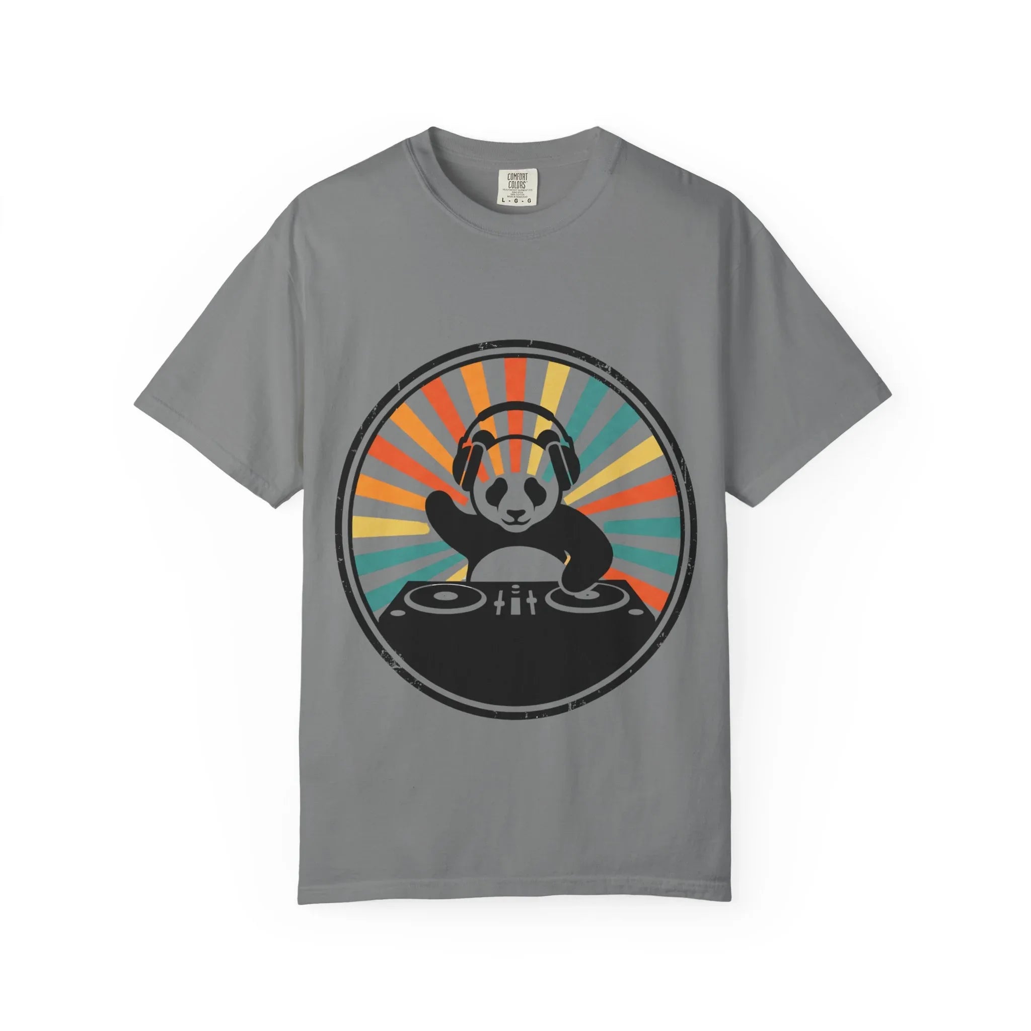 Panda DJ Shirt, Retro Sunburst Turntable Tee, Funny Vinyl Music T-Shirt, EDM Rave Festival Outfit, DJ Gift Grey