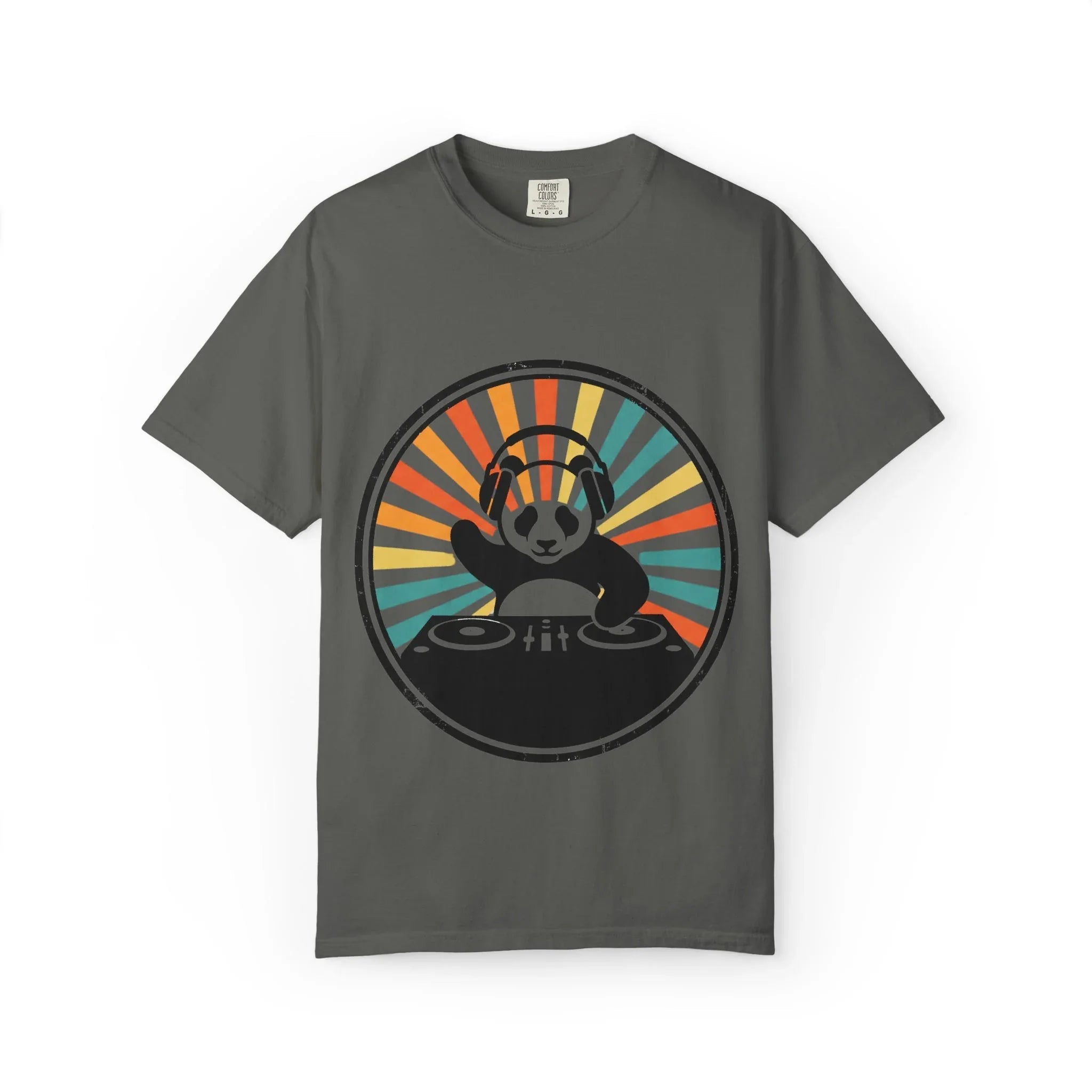 Panda DJ Shirt, Retro Sunburst Turntable Tee, Funny Vinyl Music T-Shirt, EDM Rave Festival Outfit, DJ Gift Pepper