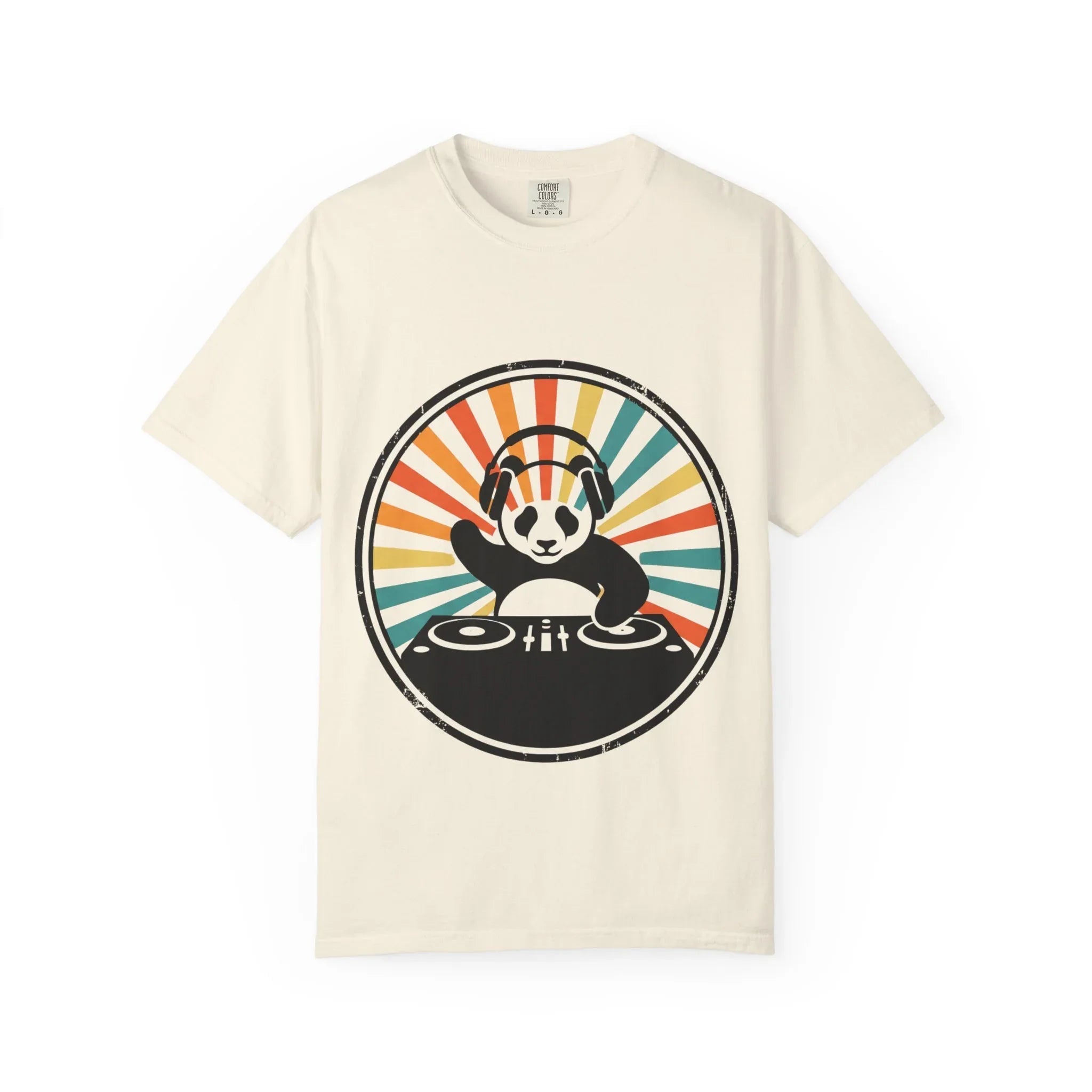 Panda DJ Shirt, Retro Sunburst Turntable Tee, Funny Vinyl Music T-Shirt, EDM Rave Festival Outfit, DJ Gift Ivory