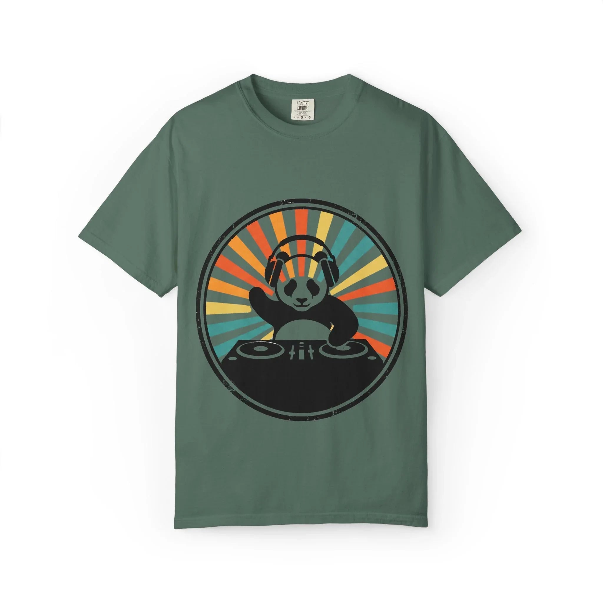 Panda DJ Shirt, Retro Sunburst Turntable Tee, Funny Vinyl Music T-Shirt, EDM Rave Festival Outfit, DJ Gift Blue Spruce