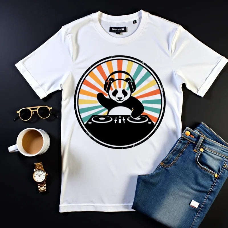 Panda DJ Shirt, Retro Sunburst Turntable Tee, Funny Vinyl Music T-Shirt, EDM Rave Festival Outfit, DJ Gift White
