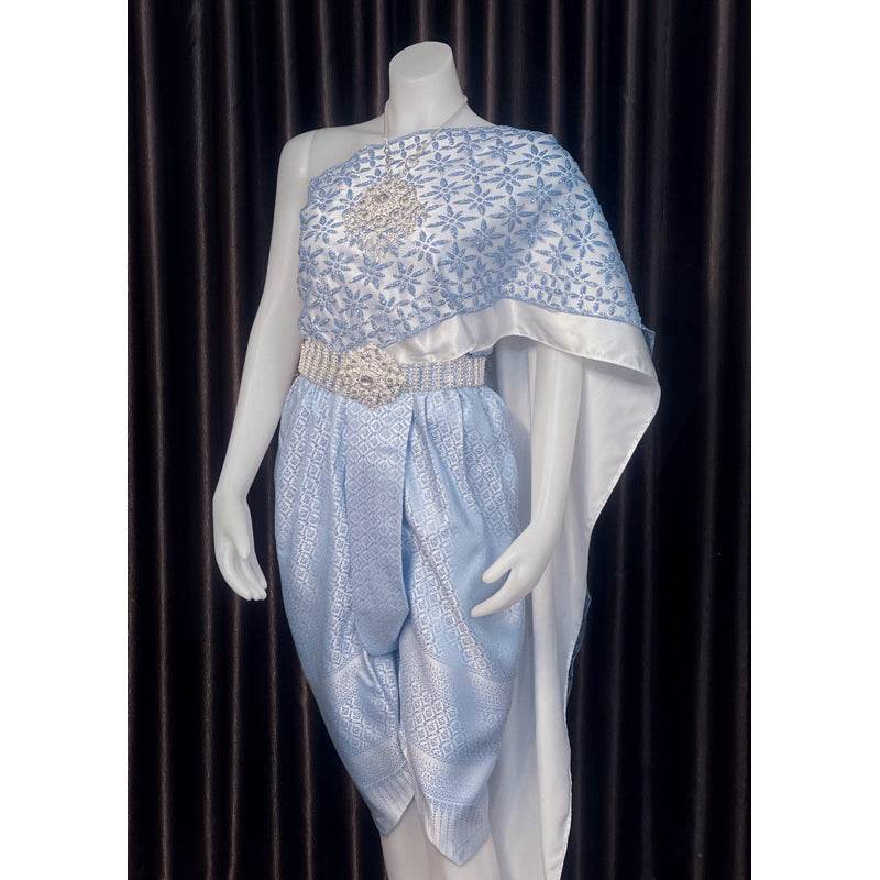 Thai Bridal Outfit Set - Pastel Blue 3m Sabai & Pleated Sarong One-Sake.com Jong Kraben / Inform the size of the seller Accessories / Inform the size of the seller Only set / Inform the size of the seller Accessories / Inform the size of the seller-Only set / Inform the size of the seller-Jong Kraben / Inform the size of the seller-