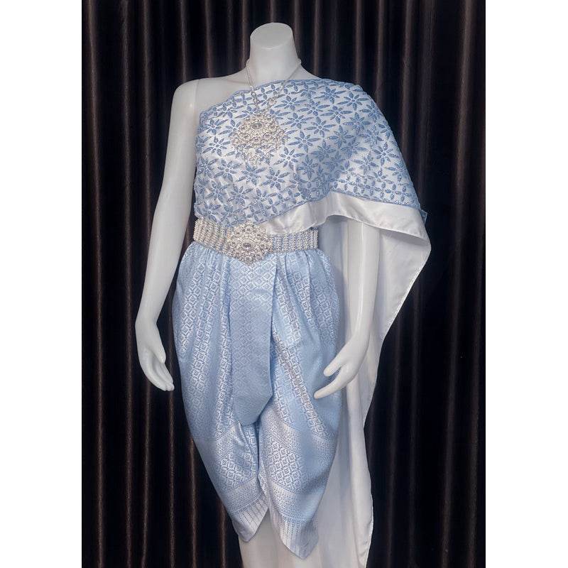 Thai Bridal Outfit Set - Pastel Blue 3m Sabai & Pleated Sarong One-Sake.com Jong Kraben / Inform the size of the seller Accessories / Inform the size of the seller Only set / Inform the size of the seller Accessories / Inform the size of the seller-Only set / Inform the size of the seller-Jong Kraben / Inform the size of the seller-