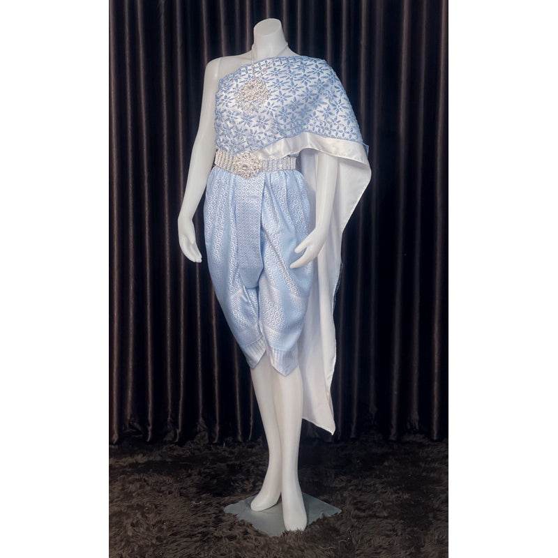 Thai Bridal Outfit Set - Pastel Blue 3m Sabai & Pleated Sarong One-Sake.com Jong Kraben / Inform the size of the seller Accessories / Inform the size of the seller Only set / Inform the size of the seller Accessories / Inform the size of the seller-Only set / Inform the size of the seller-Jong Kraben / Inform the size of the seller-