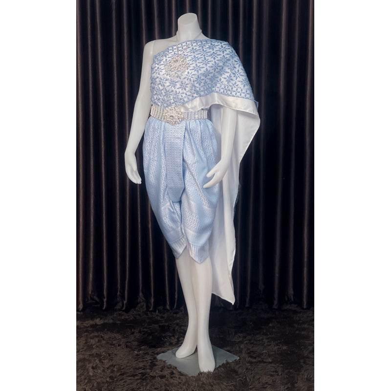 Thai Bridal Outfit Set - Pastel Blue 3m Sabai & Pleated Sarong