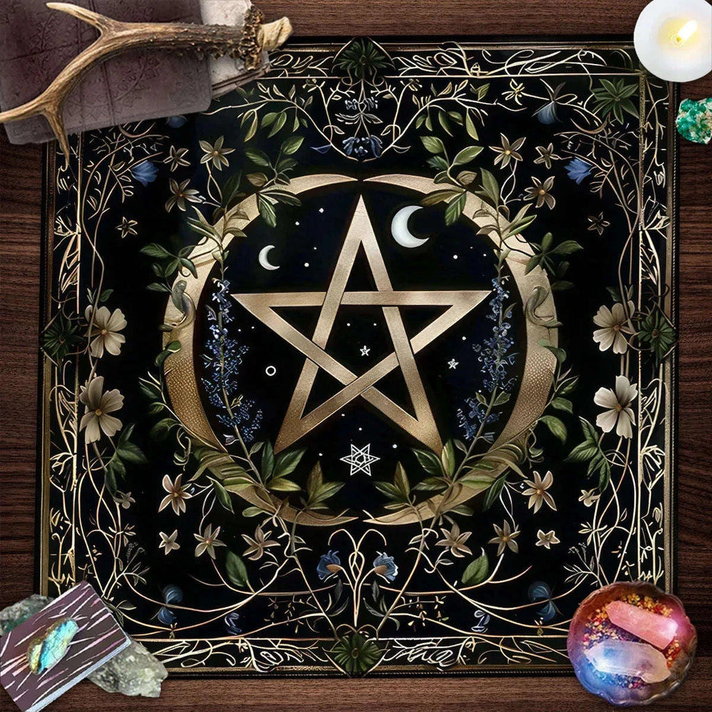 Pentagram Flowers & Plants Tarot Card Tablecloth Polyester Moon Tree of Life Altar Cloth Pagan Starry sky Divination Home Decor