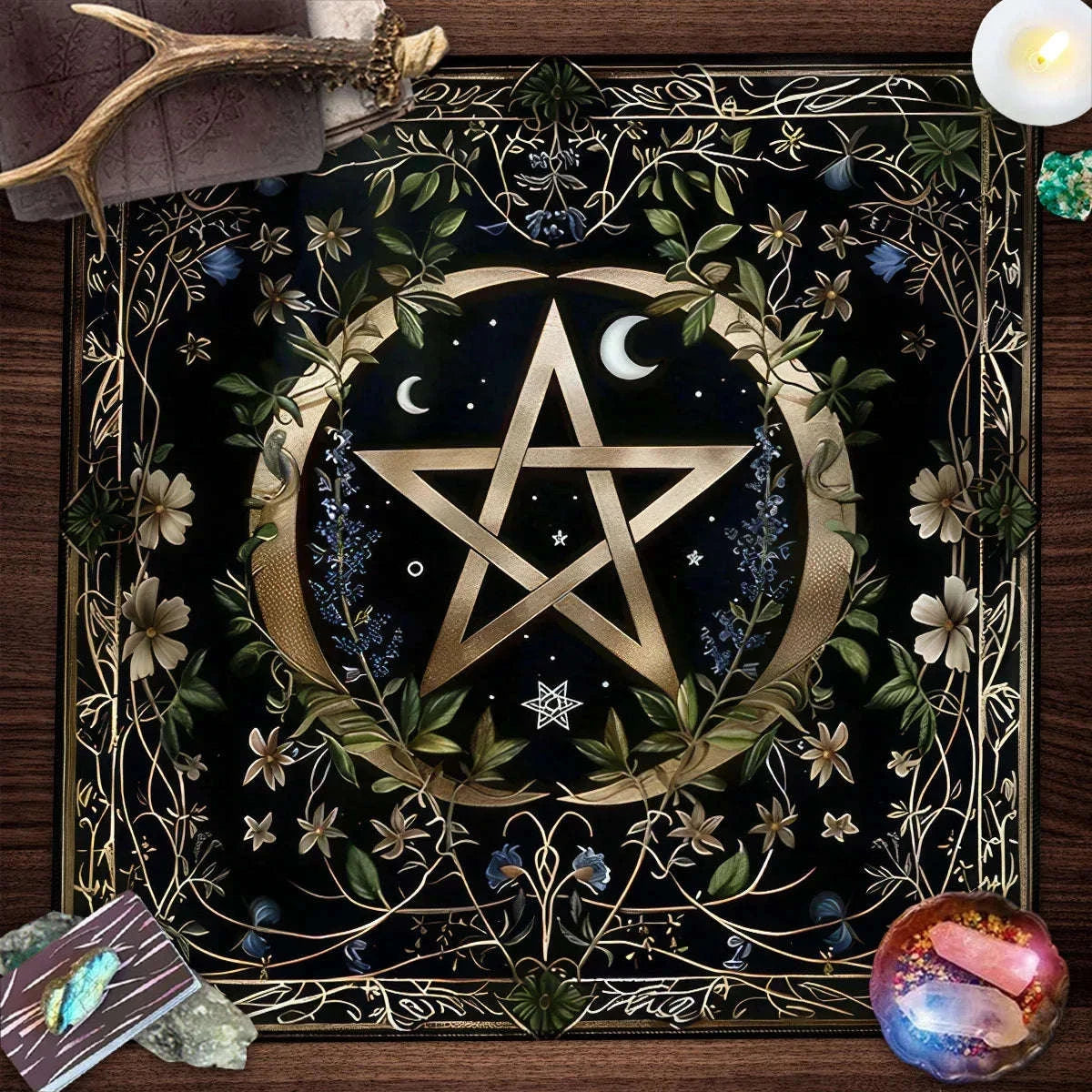 Pentagram Flowers & Plants Tarot Card Tablecloth Polyester Moon Tree of Life Altar Cloth Pagan Starry sky Divination Home Decor