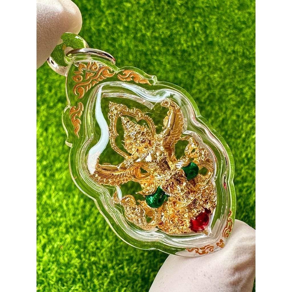Phaya Garuda Amulet Setthi Prarthana Golden Enamel for Divine Wealth and Heavenly Power
