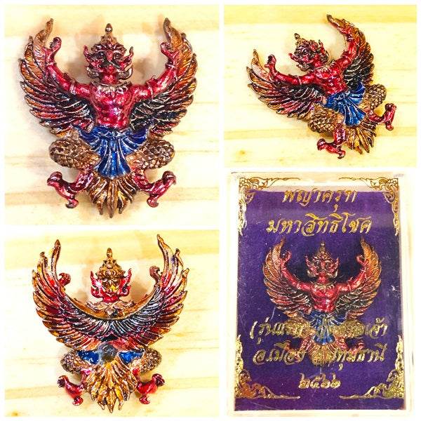 Phaya Krut amulet for protection featuring intricate design and vibrant colors, ideal for spiritual and decorative use.