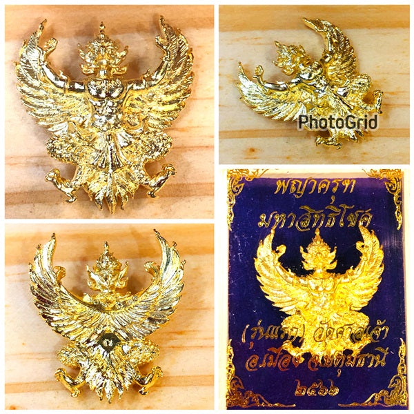 Phaya Krut amulet for wealth and protection in gold finish, featuring intricate design and details
